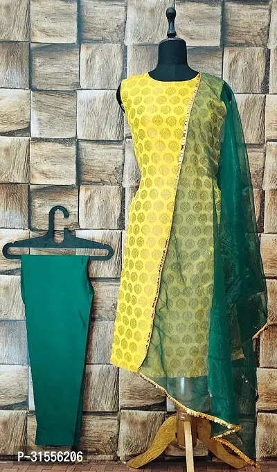 Elegant Yellow Jacquard Silk Blend Kurta with Pant And Dupatta Set For Women-thumb0