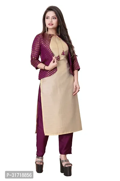 Stylish Cream Art Silk Kurta Bottom Set With Jacket For Women-thumb0