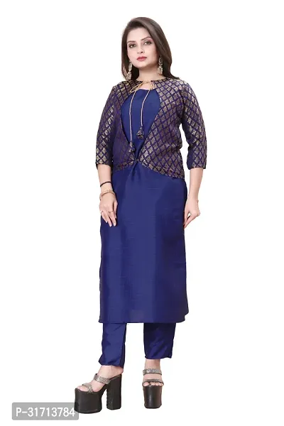 Stylish Navy Blue Art Silk Kurta Bottom Set With Jacket For Women