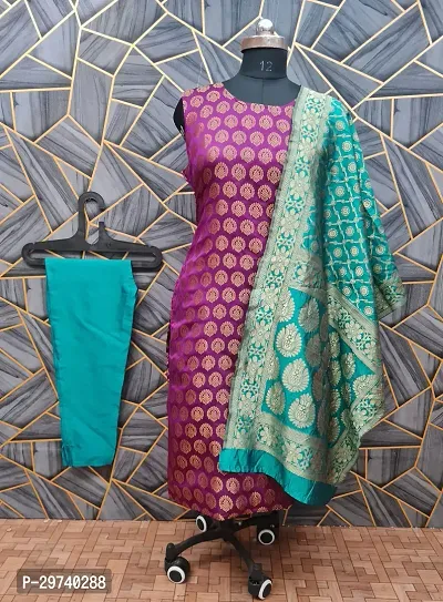 Stylish Jacquard Kurta And Pant With Dupatta Set For Women-thumb0