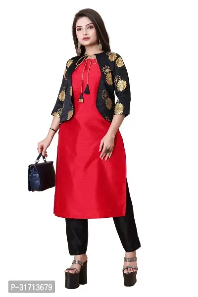 Stylish Red Art Silk Kurta Bottom Set With Jacket For Women-thumb0