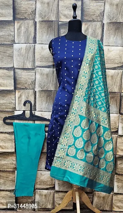 Stylish Navy Blue Jacquard Kurta Bottom Dupatta For Women-thumb0