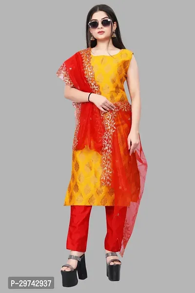 Stylish Jacquard Kurta And Pant With Dupatta Set For Women