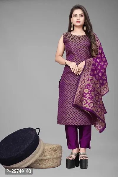 Stylish Jacquard Kurta And Pant With Dupatta Set For Women-thumb0