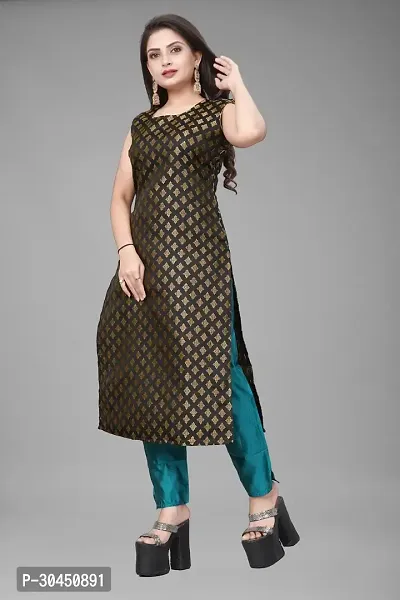 Stylish Black Jacquard Woven Design Stitched Kurta For Women-thumb0