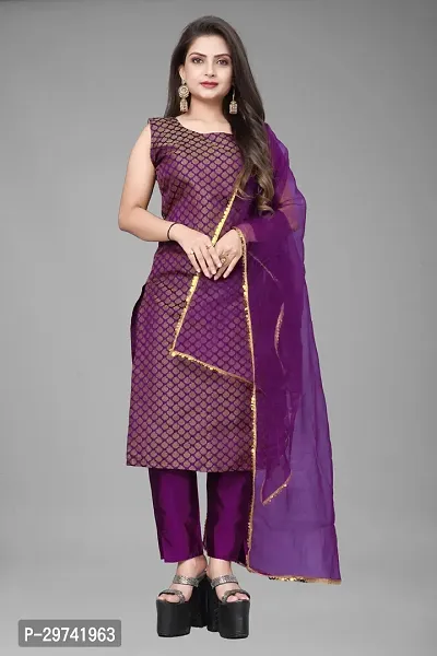 Stylish Jacquard Kurta And Pant With Dupatta Set For Women-thumb0