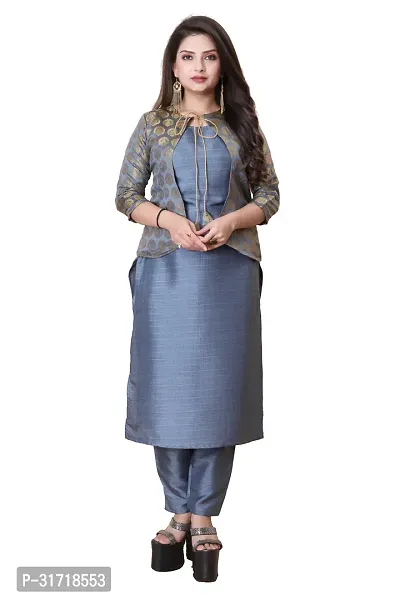 Stylish Grey Art Silk Kurta Bottom Set With Jacket For Women-thumb0