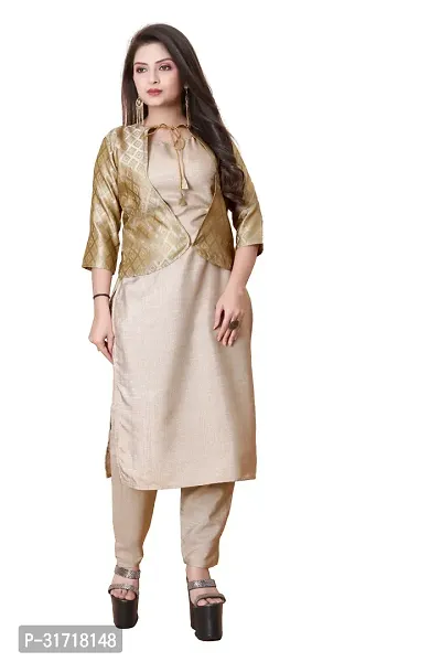 Stylish Beige Art Silk Kurta Bottom Set With Jacket For Women-thumb0