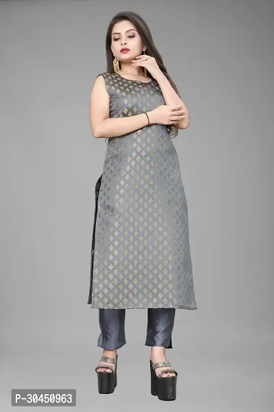 Stylish Grey Jacquard Woven Design Stitched Kurta For Women