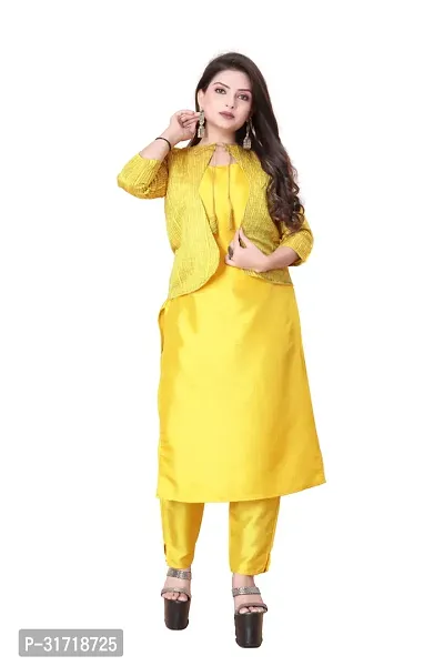 Stylish Yellow Art Silk Kurta Bottom Set With Jacket For Women-thumb0