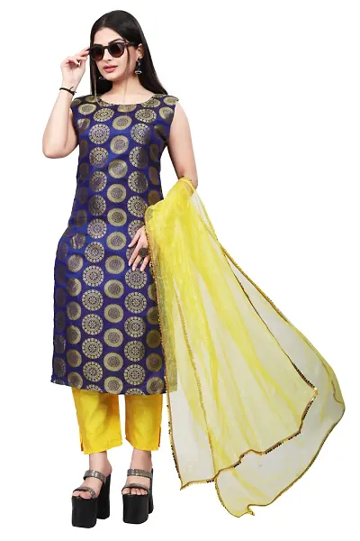 Womens Woven Design Kurta Pant With Dupatta Set