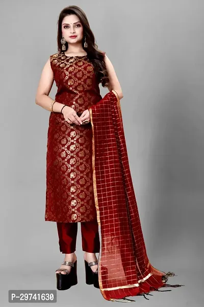 Stylish Jacquard Kurta And Pant With Dupatta Set For Women-thumb0