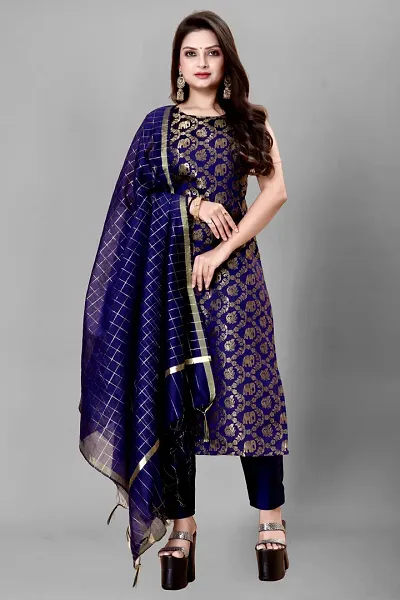 Stylish Jacquard Kurta And Pant With Dupatta Set For Women