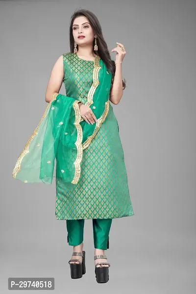 Stylish Jacquard Kurta And Pant With Dupatta Set For Women-thumb0