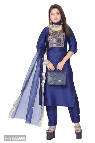 Elegant Navy Blue Embroidered Silk Blend Kurta with Pant And Dupatta Set For Women-thumb0