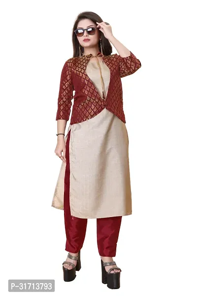 Stylish Beige Art Silk Kurta Bottom Set With Jacket For Women-thumb0