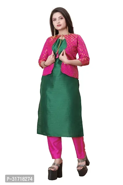 Stylish Green Art Silk Kurta Bottom Set With Jacket For Women-thumb0