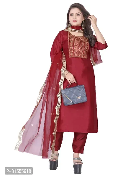 Elegant Maroon Embroidered Silk Blend Kurta with Pant And Dupatta Set For Women-thumb0