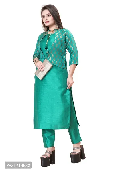 Stylish Teal Art Silk Kurta Bottom Set With Jacket For Women-thumb0