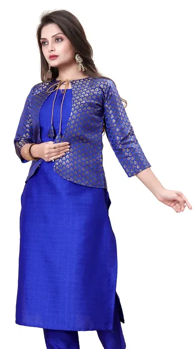 Stylish Soft Silk Kurta With Pant And Koti Set For Women