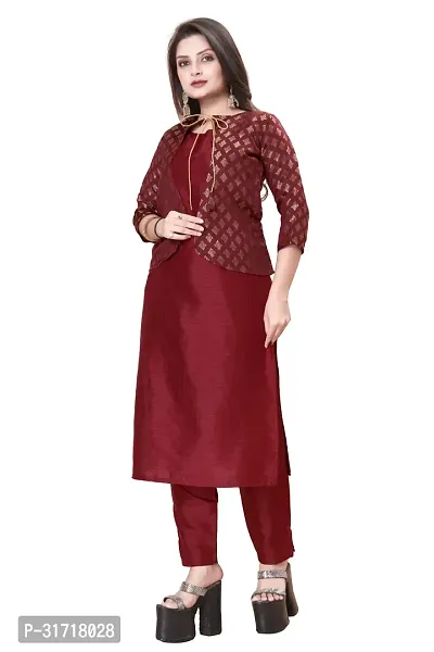 Stylish Maroon Art Silk Kurta Bottom Set With Jacket For Women-thumb0