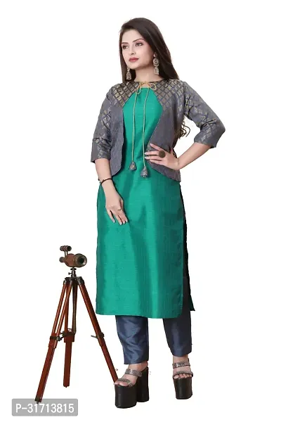 Stylish Teal Art Silk Kurta Bottom Set With Jacket For Women-thumb0