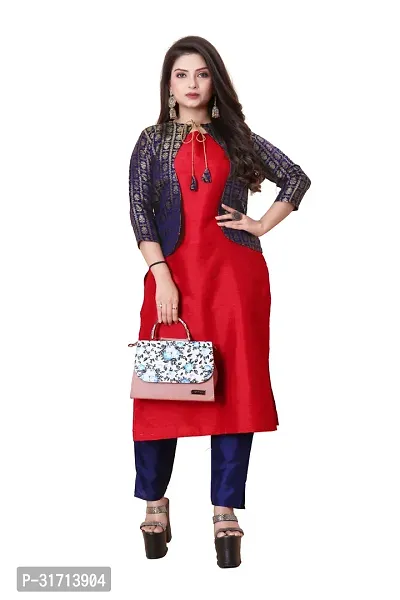 Stylish Red Art Silk Kurta Bottom Set With Jacket For Women-thumb0