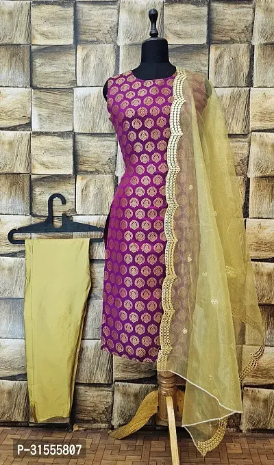 Elegant Purple Jacquard Silk Blend Kurta with Pant And Dupatta Set For Women-thumb0