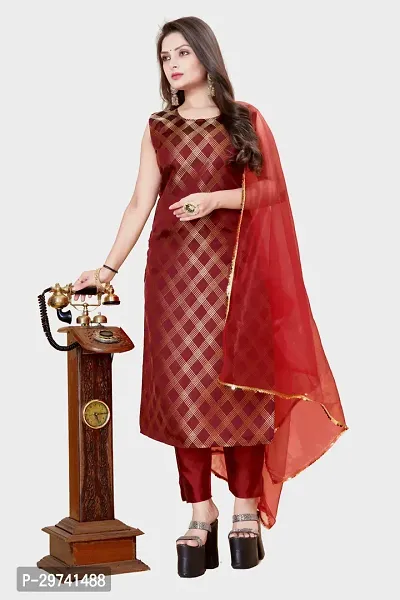 Stylish Jacquard Kurta And Pant With Dupatta Set For Women-thumb0