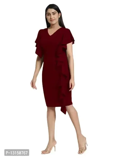 OXYMATE-Dresses for Women V-Neck Short Sleeve Lycar Dress (S, Maroon)-thumb4