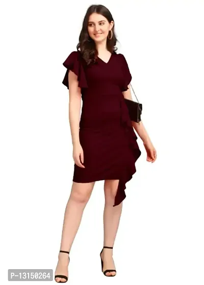 DK-Dresses for Women V-Neck Short Sleeve Lycar Dress (M, Maroon)-thumb2