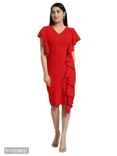 OXYMATE-Dresses for Women V-Neck Short Sleeve Lycar Dress (M, RED)