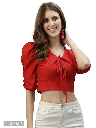 Women's Lycra Solid Crop Top (L, Red)-thumb1