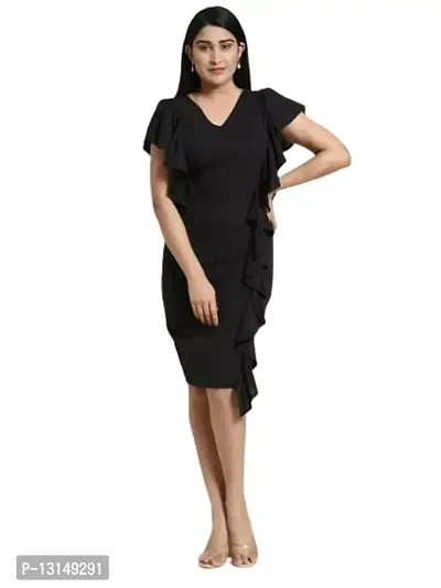 OXYMATE-Dresses for Women V-Neck Short Sleeve Lycar Dress (XL, Black)-thumb0