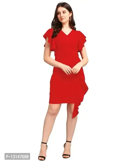 DK-Dresses for Women V-Neck Short Sleeve Lycar Dress (Large, RED)-thumb2