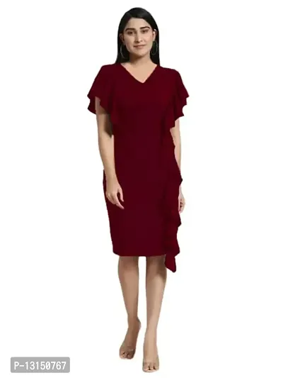 OXYMATE-Dresses for Women V-Neck Short Sleeve Lycar Dress (S, Maroon)