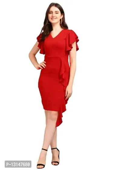 DK-Dresses for Women V-Neck Short Sleeve Lycar Dress (Large, RED)