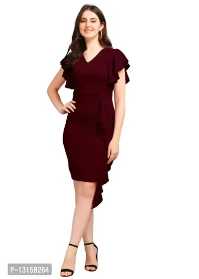 DK-Dresses for Women V-Neck Short Sleeve Lycar Dress (M, Maroon)