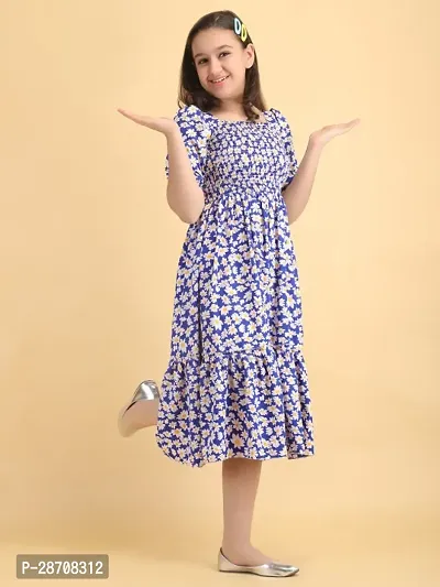 Elegant Blue Crepe Printed Dress For Girls