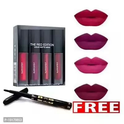 Red Edition Liquid Lipstick Set Of 4 Different Colours Red Colour Lipstick Pink Colour Lipstick Maroon Colour Lipstick Wine Colour Lipstick Set Of 4 Mini Lipstick  Ads Black Kajal Pencil Free Pack Of 5