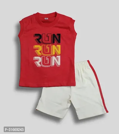 Fabulous Red Cotton Printed T-Shirt with Shorts For Boys