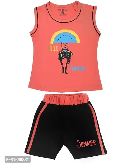 Fabulous Peach Cotton Printed T-Shirt with Shorts For Boys