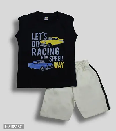 Fabulous Black Cotton Printed T-Shirt with Shorts For Boys