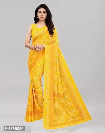 Stylish Georgette Yellow Printed Saree With Blouse Piece For Women