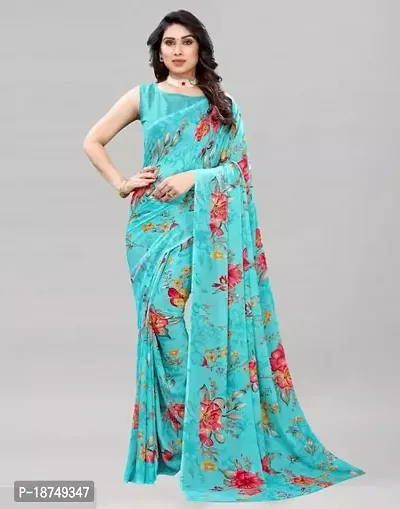 Stylish Georgette Blue Printed Saree With Blouse Piece For Women-thumb0