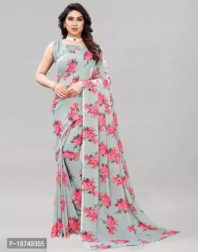 Stylish Georgette Grey Printed Saree With Blouse Piece For Women