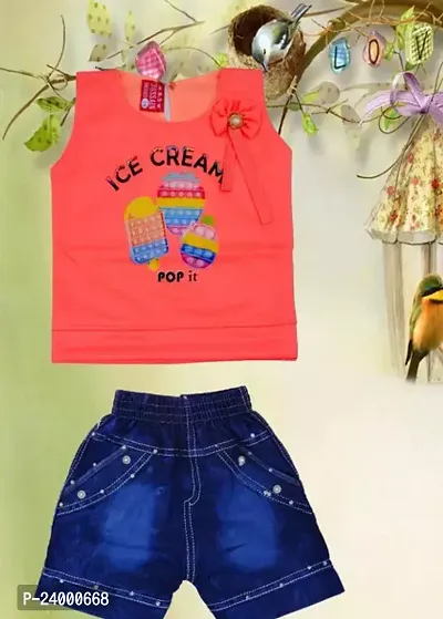 Fabulous Orange Cotton Blend Printed Top With Bottom For Girls