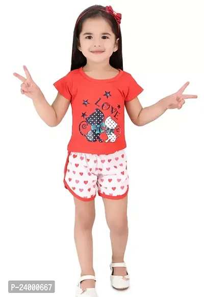Fabulous Red Cotton Blend Printed Top With Bottom For Girls