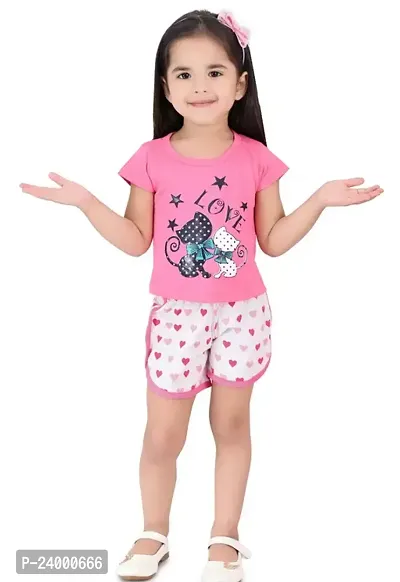 Fabulous Pink Cotton Blend Printed Top With Bottom For Girls