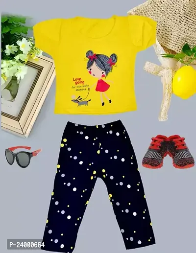 Fabulous Yellow Cotton Blend Printed Top With Bottom For Girls